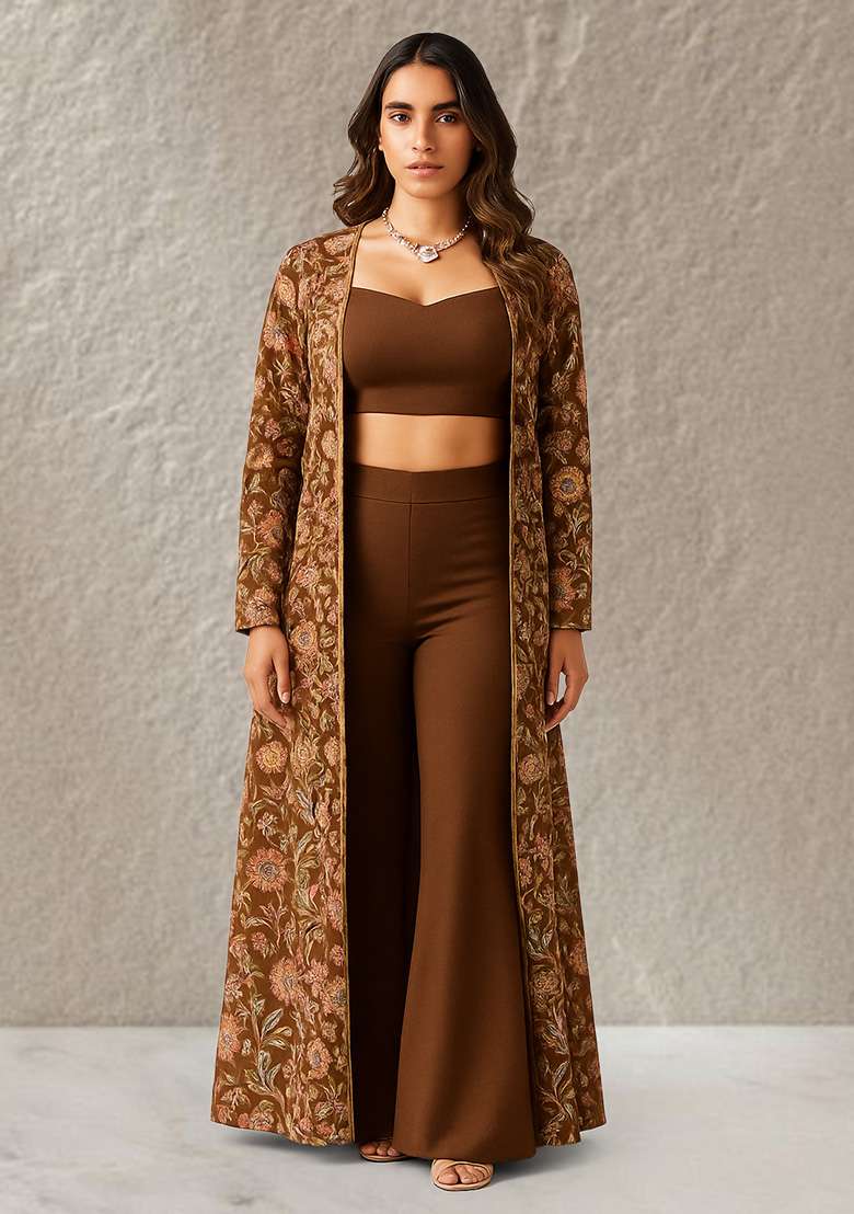 Brown Floral Print Crepe Fusion Set - Indya