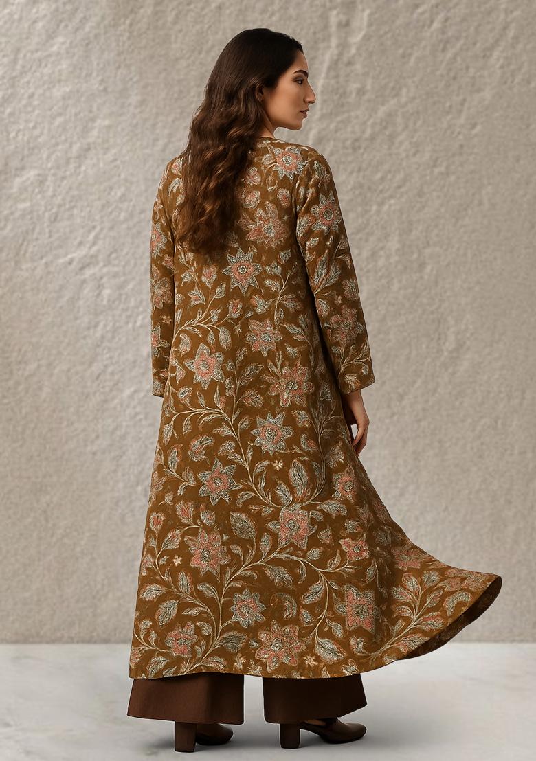 Brown Floral Print Crepe Fusion Set - Indya