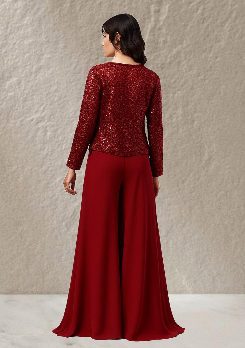 Red Sequin Net Fusion Set - Indya