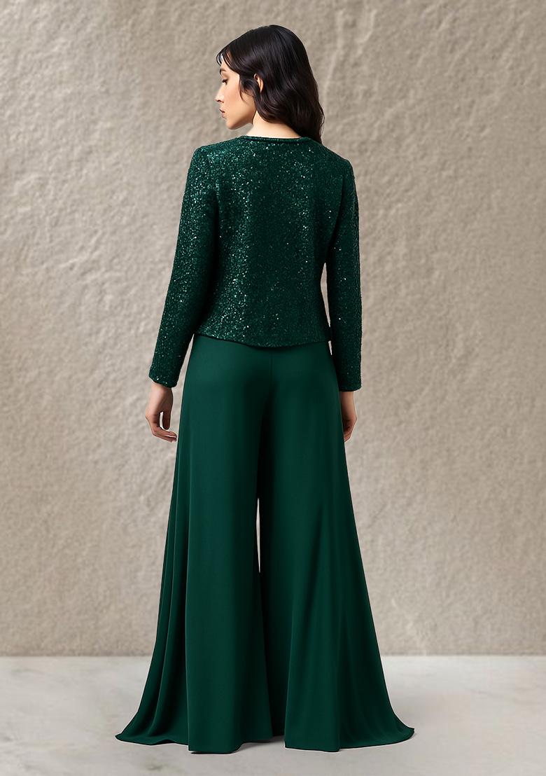 Dark Green Sequin Net Fusion Set - Indya