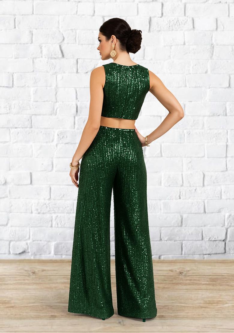 Dark Green Sequin Net Fusion Set - Indya