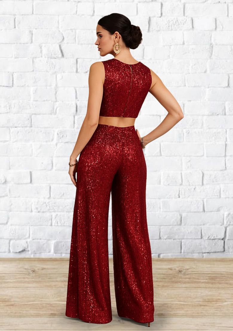 Red Sequin Net Fusion Set - Indya