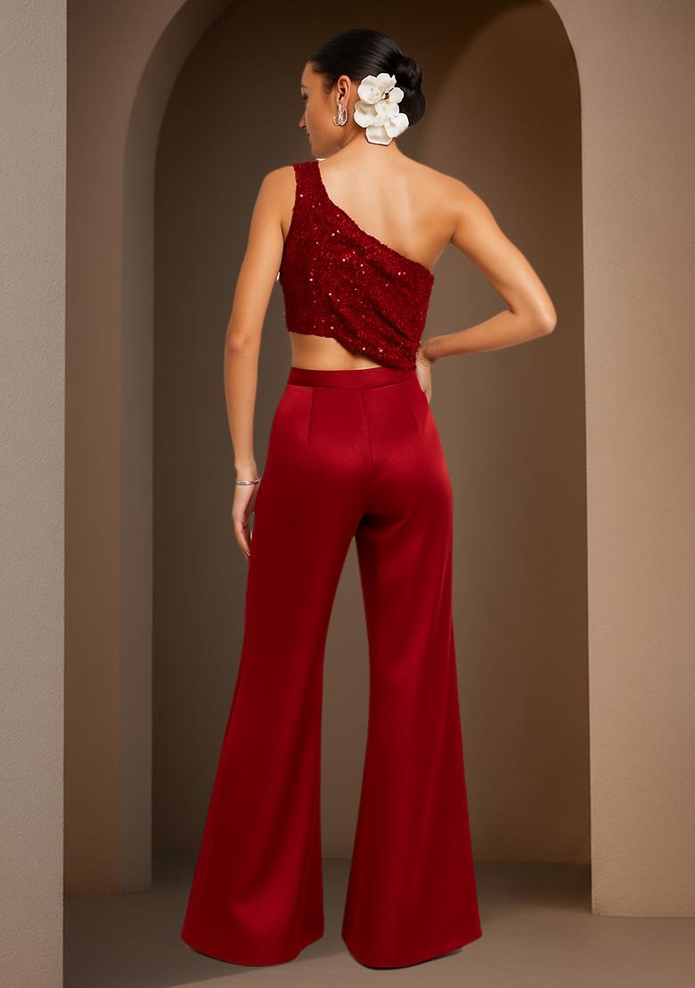 Red Sequin Net Fusion Set - Indya