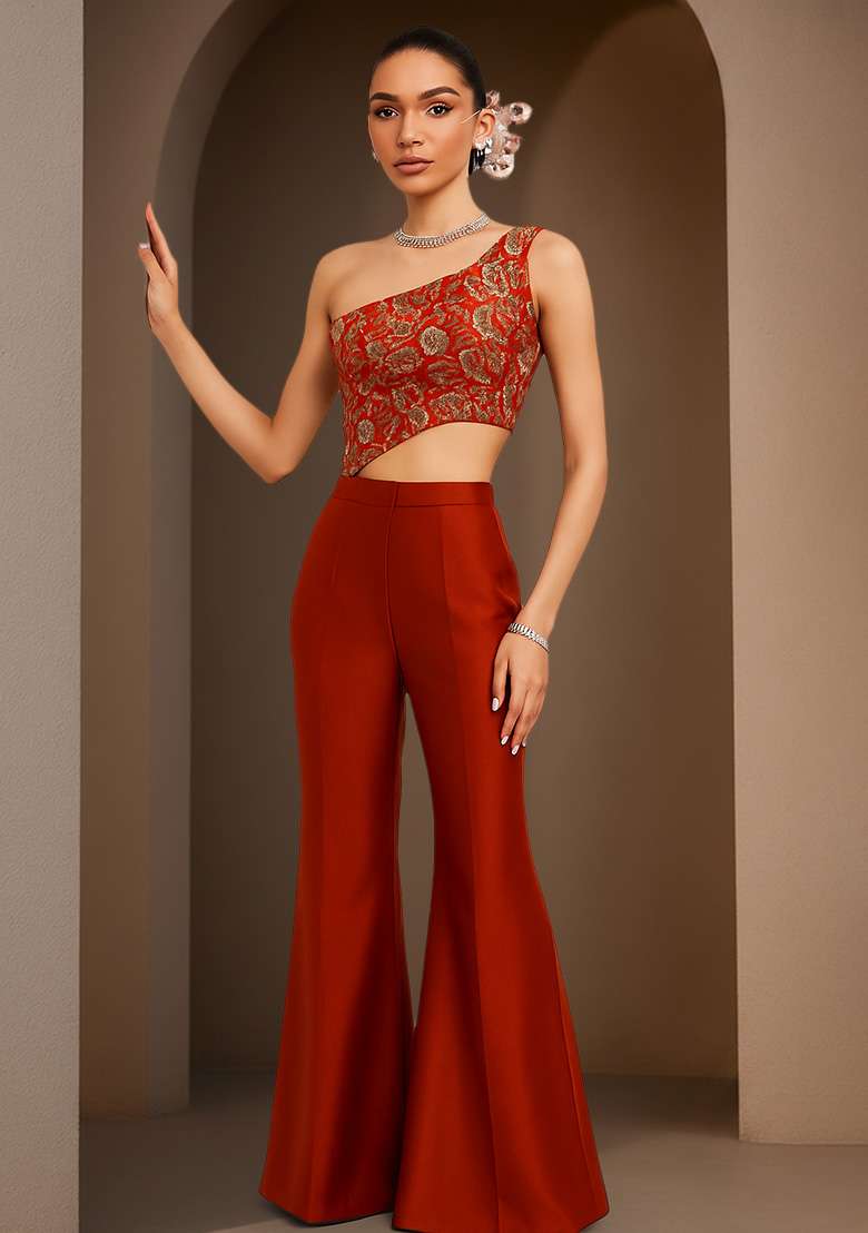 Red Crepe Fusion Set with Floral Print for Diwali | Wedding & Festive Wear - Indya