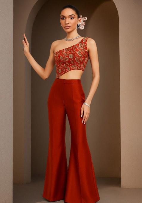 Red Floral Print Crepe Fusion Set