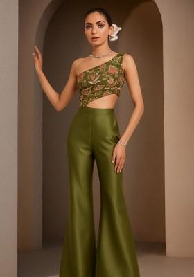 Green Embroidered Crepe Fusion Set