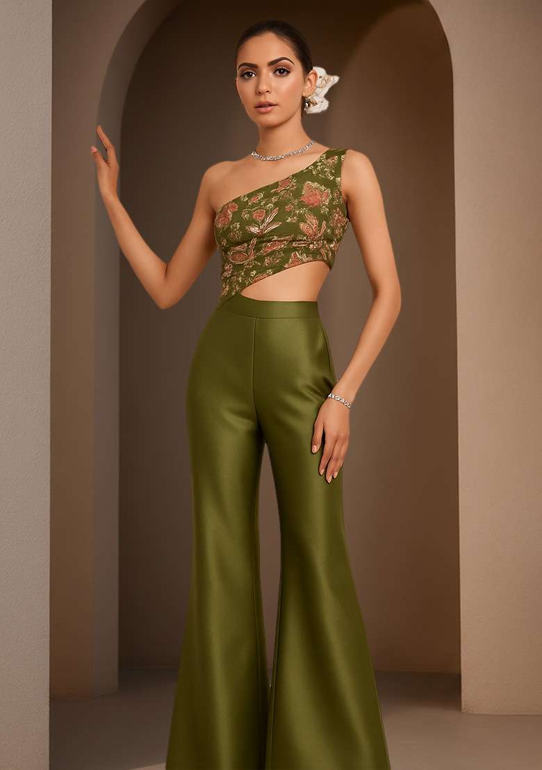 Green Crepe Fusion Set with Embroidered for Diwali | Wedding & Festive Wear - Indya