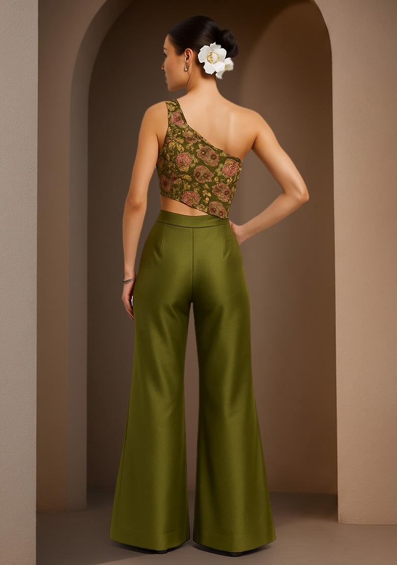 Green Embroidered Crepe Fusion Set - Indya