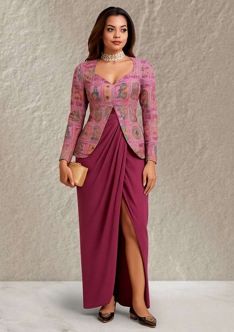 Pink Figure Print Silk Fusion Set - Indya