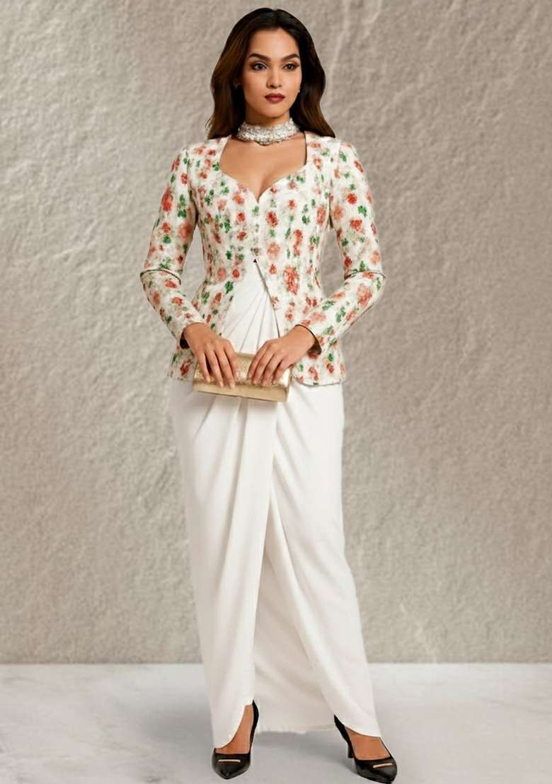 Multicolor Floral Print Silk Fusion Set for Diwali and Festive Wear - Indya
