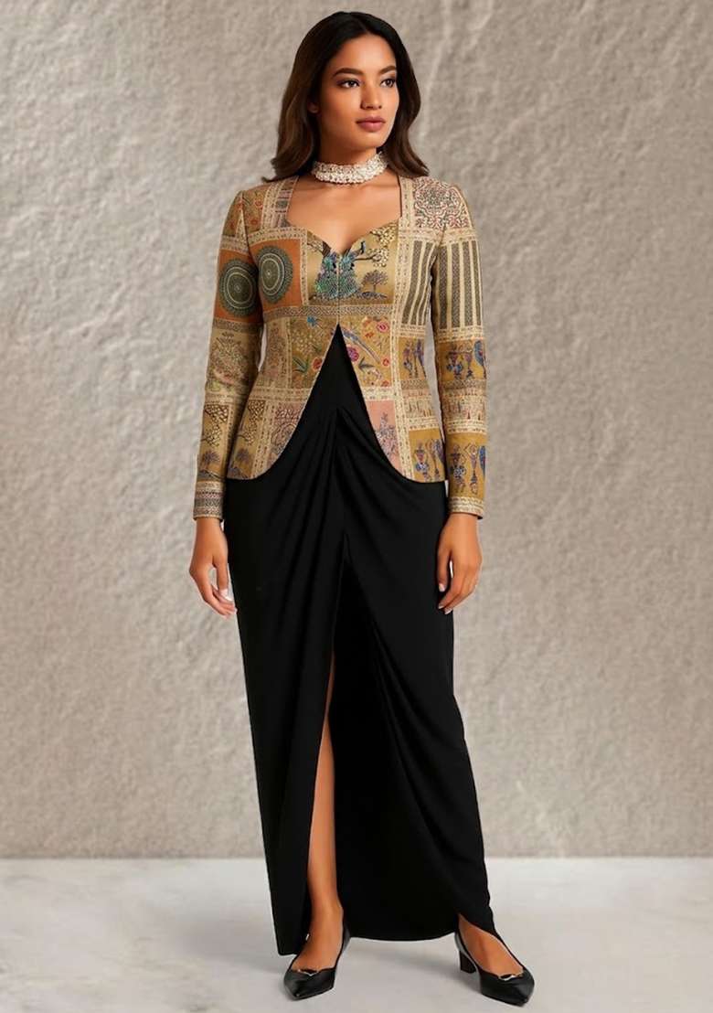 Multicolor Figure Print Silk Fusion Set - Indya