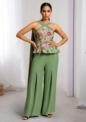 Green Floral Print Net Fusion Set