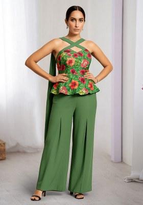 Green Floral Print Net Fusion Set