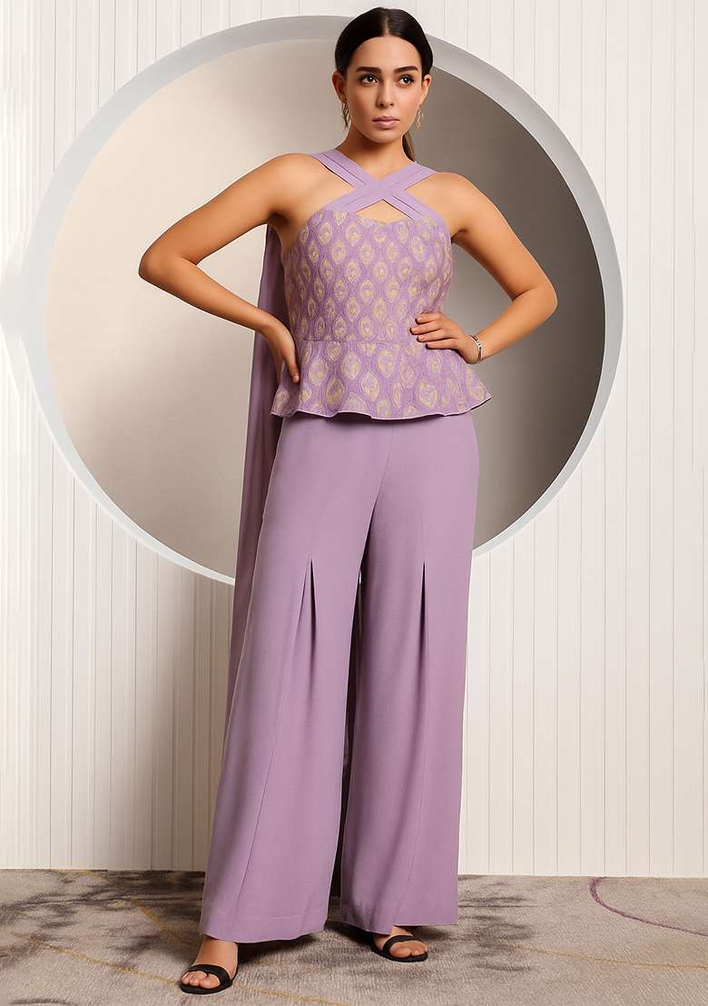 Purple Figure Print Silk Fusion Set - Indya