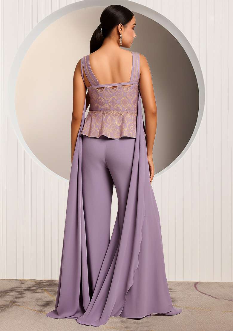 Purple Figure Print Silk Fusion Set - Indya