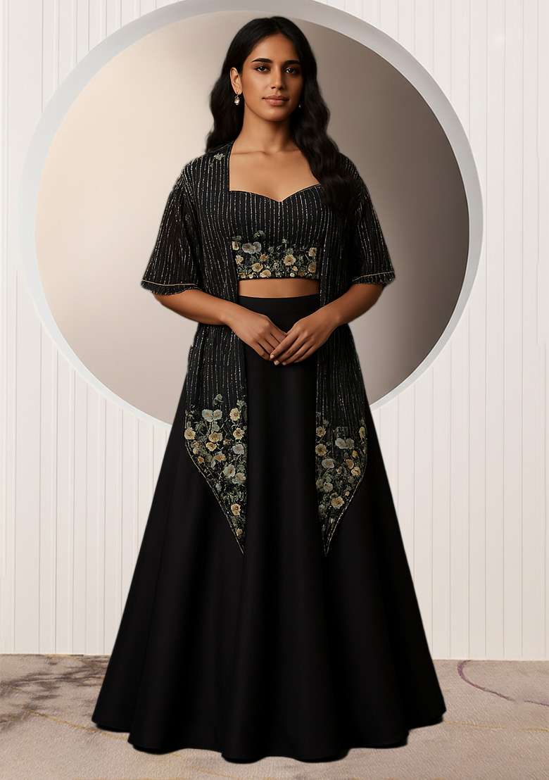 Black Embroidered Silk Blend Lehenga Set - Indya