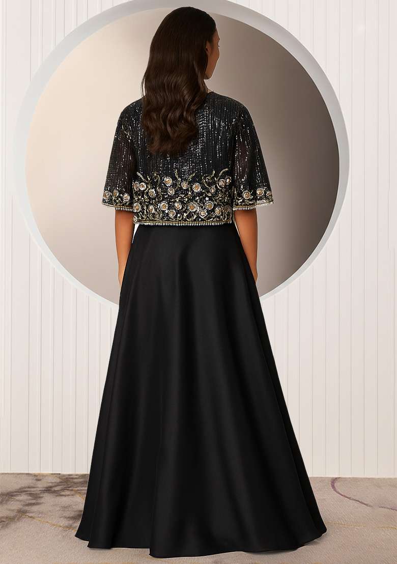 Black Embroidered Silk Blend Lehenga Set - Indya