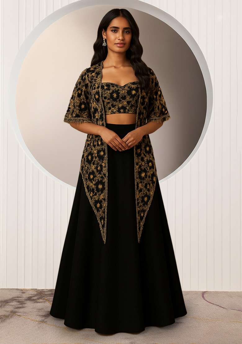 Black Embroidered Net Lehenga Set - Indya