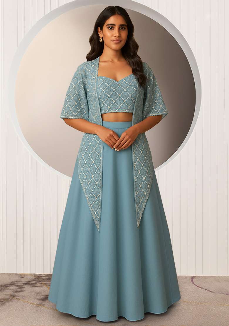 Blue Embroidered Net Lehenga Set - Indya