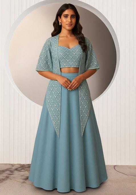 Blue Embroidered Net Lehenga Set — view on Indya