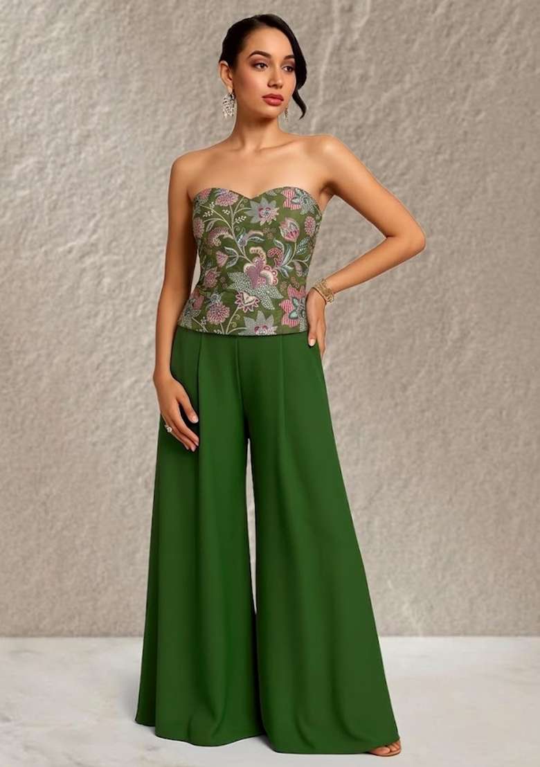 Green Crepe Fusion Set with Embroidered & Corset Blouse for Diwali | Wedding & Festive Wear - Indya