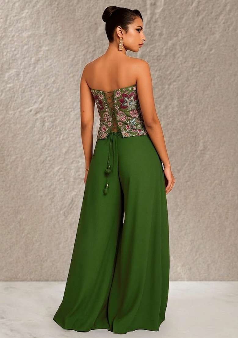 Green Crepe Fusion Set with Embroidered & Corset Blouse for Diwali | Wedding & Festive Wear - Indya
