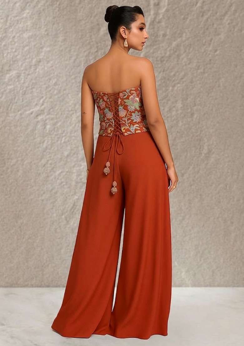 Rust Embroidered Crepe Corset Blouse Fusion Set for Diwali and Festive Wear - Indya