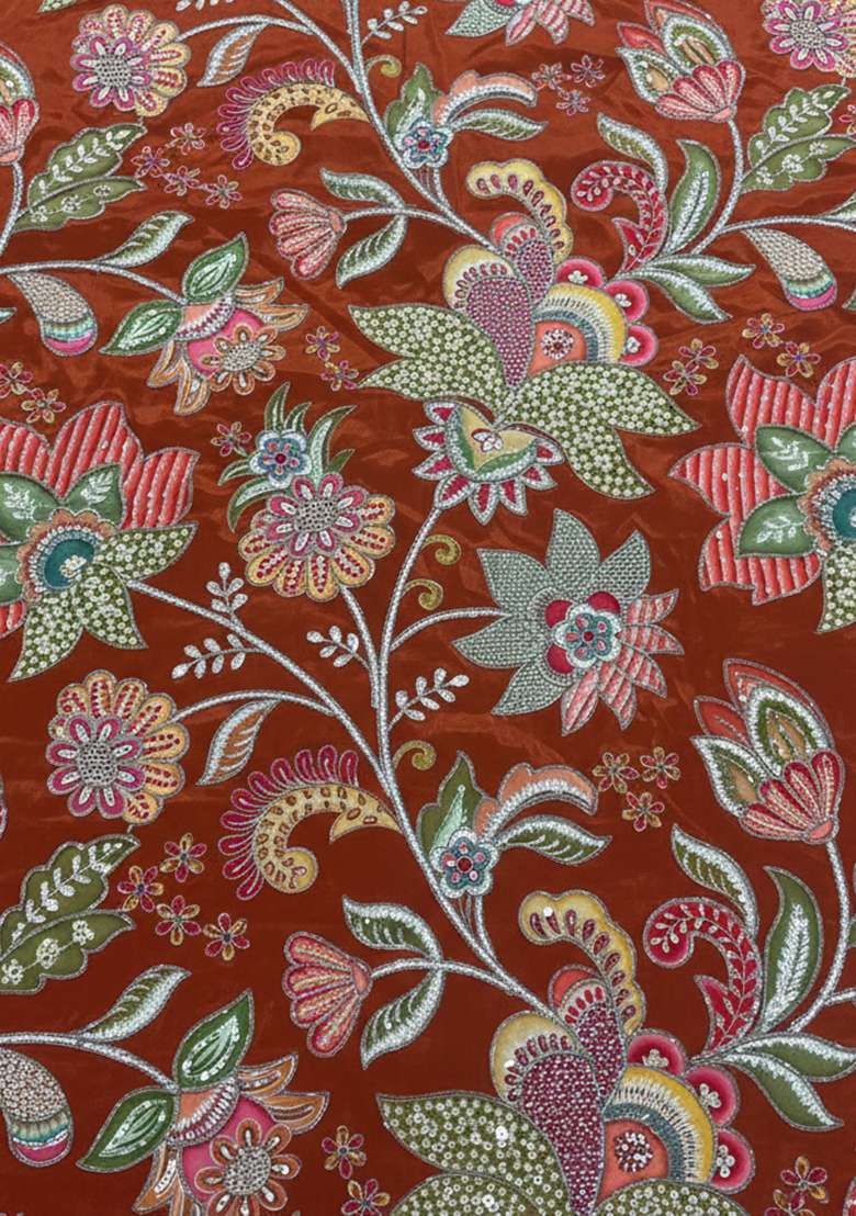 Rust Embroidered Crepe Corset Blouse Fusion Set for Diwali and Festive Wear - Indya