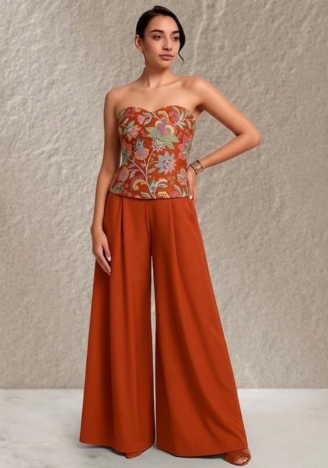Mustard Embroidered Crepe Fusion Set