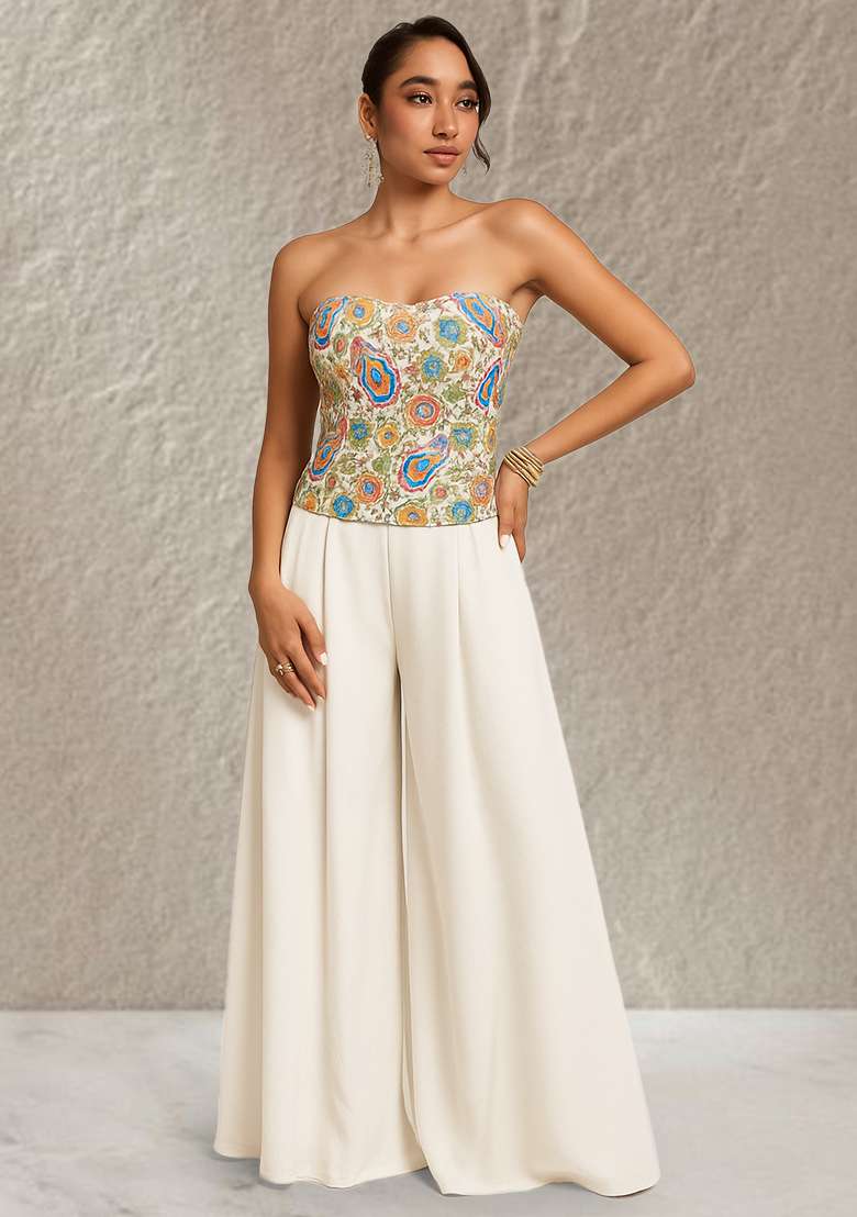 White Crepe Fusion Set with Embroidered & Corset Blouse for Diwali | Wedding & Festive Wear - Indya