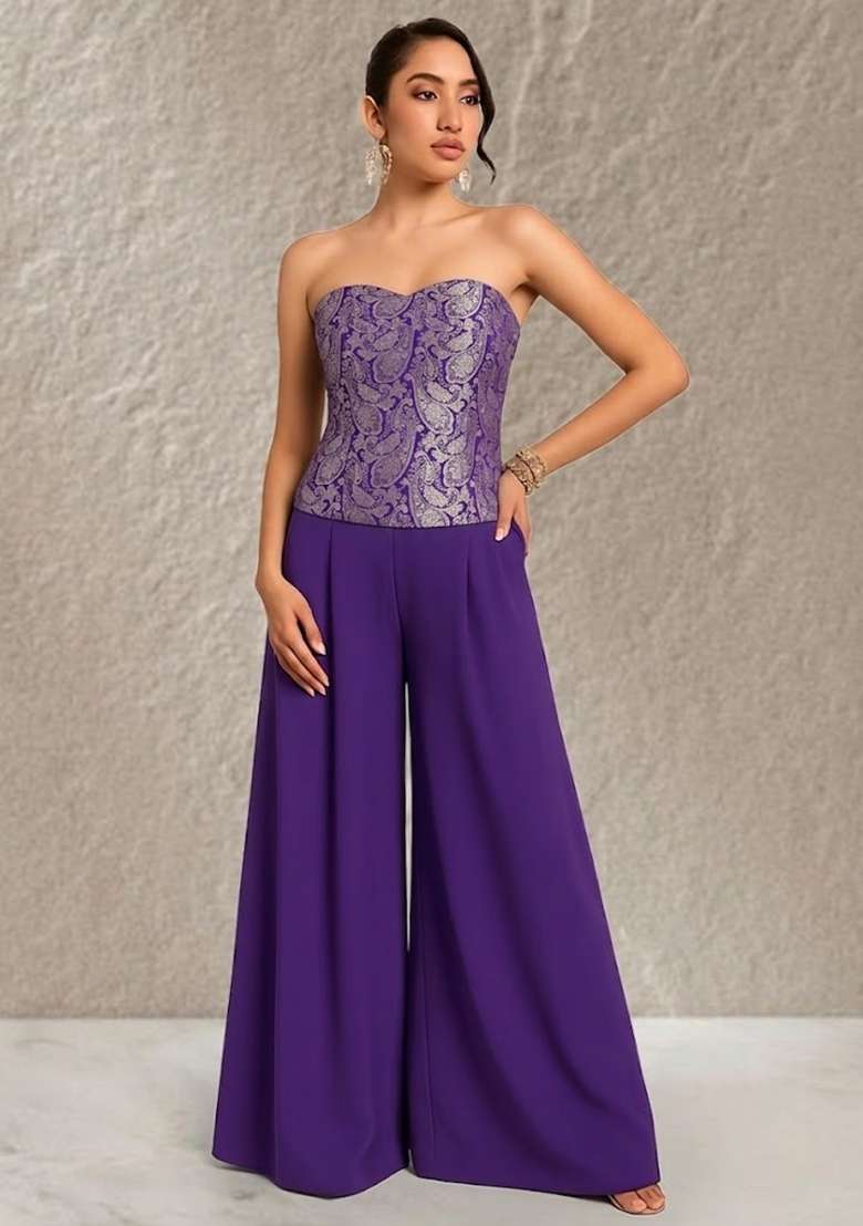Purple Brocade Corset Blouse Fusion Set for Diwali | Wedding & Festive Wear - Indya