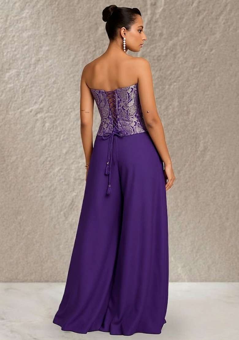 Purple Brocade Corset Blouse Fusion Set for Diwali | Wedding & Festive Wear - Indya
