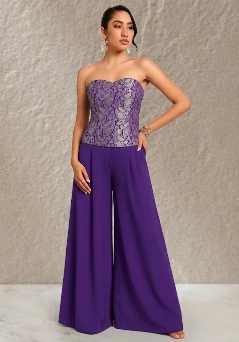 Blue Sequin Net Corset Blouse Fusion Set