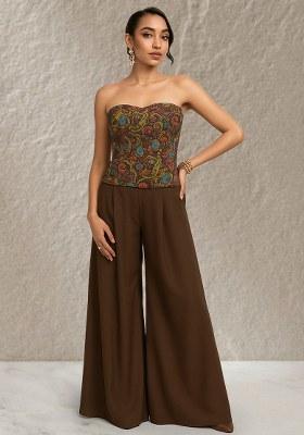 Brown Embroidered Crepe Fusion Set