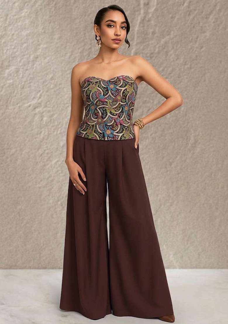 Brown Embroidered Crepe Corset Blouse Fusion Set for Diwali and Festive Wear - Indya