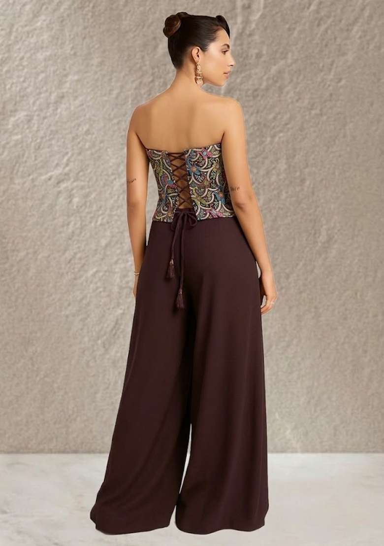 Brown Embroidered Crepe Corset Blouse Fusion Set for Diwali and Festive Wear - Indya