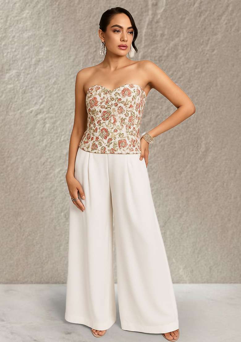 White Embroidered Crepe Corset Blouse Fusion Set for Diwali and Festive Wear - Indya