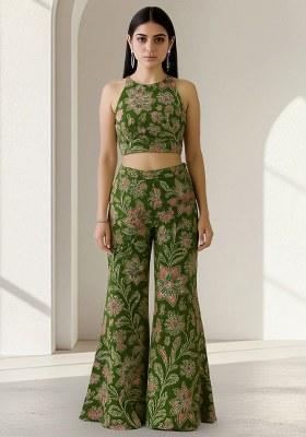 Green Embroidered Crepe Fusion Set