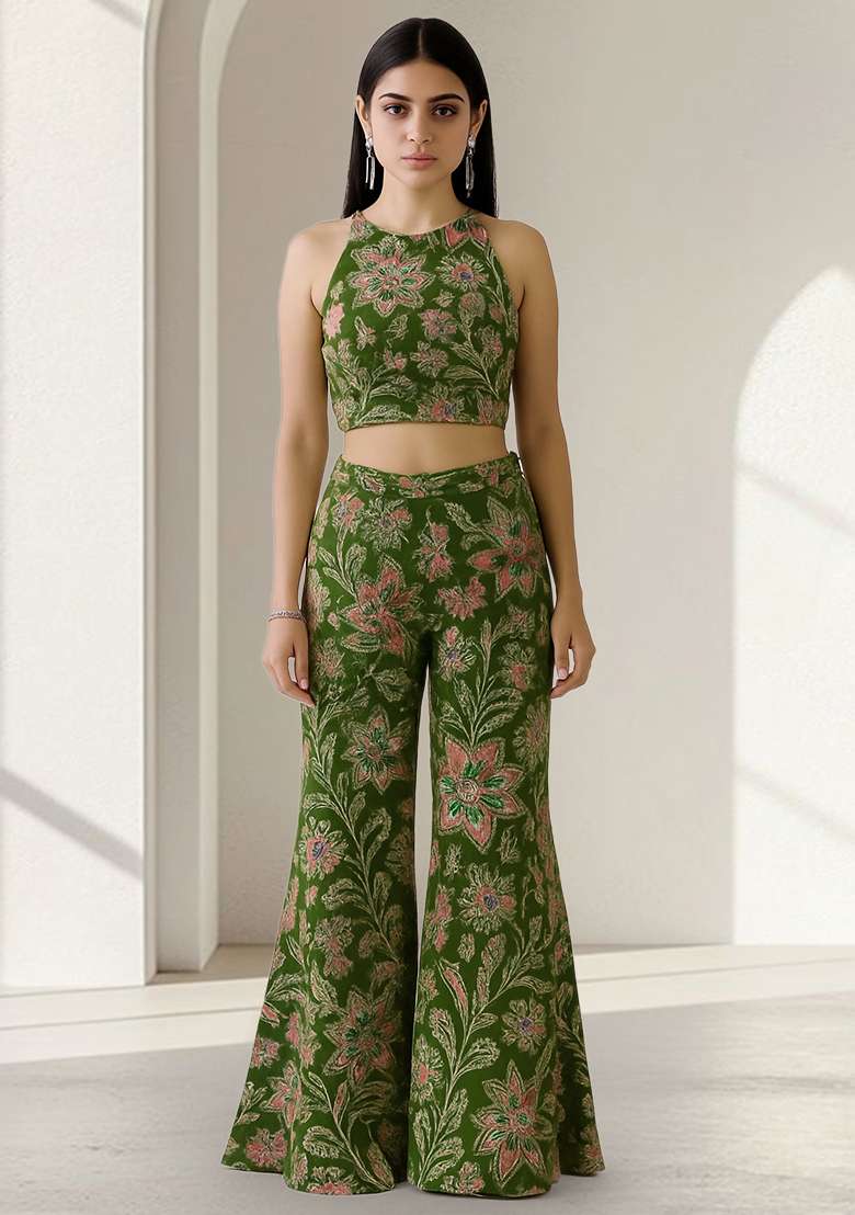 Green Embroidered Crepe Fusion Set - Indya