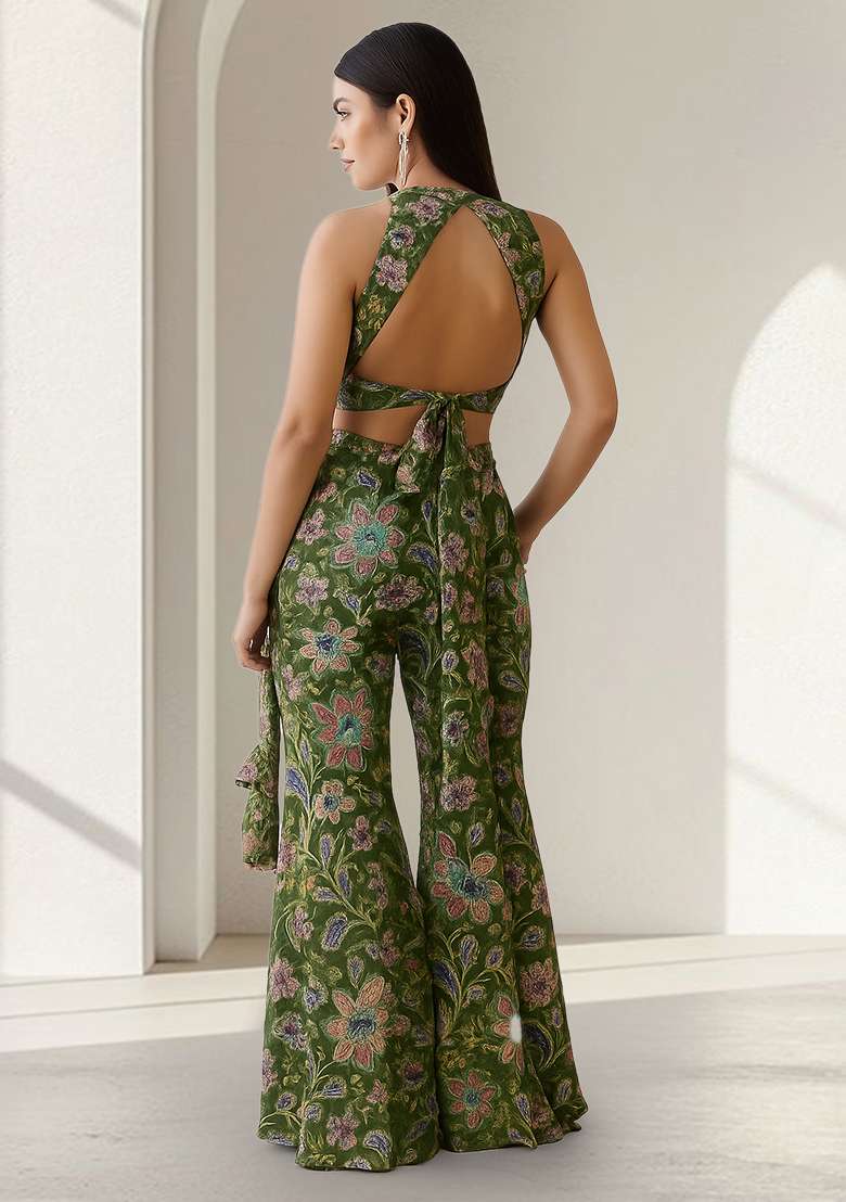 Green Embroidered Crepe Fusion Set - Indya