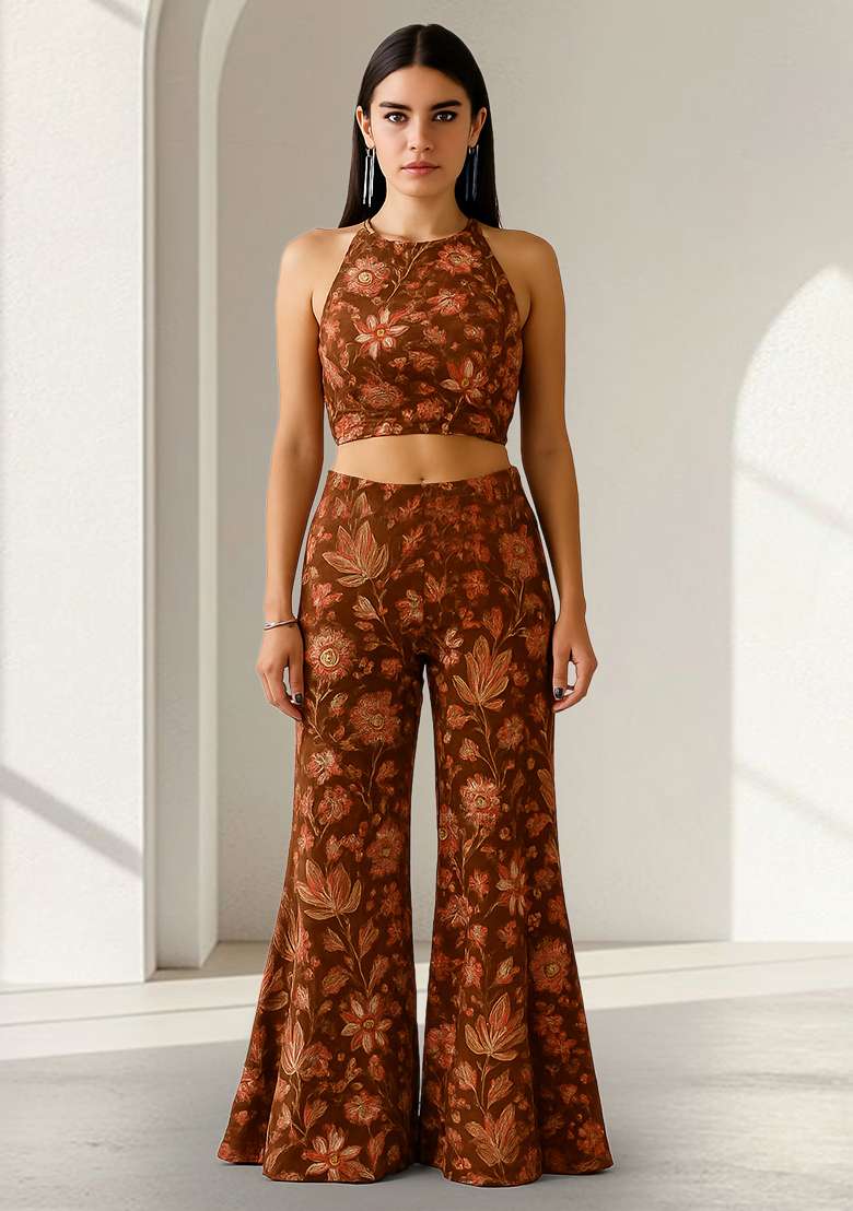 Mustard Embroidered Crepe Fusion Set - Indya