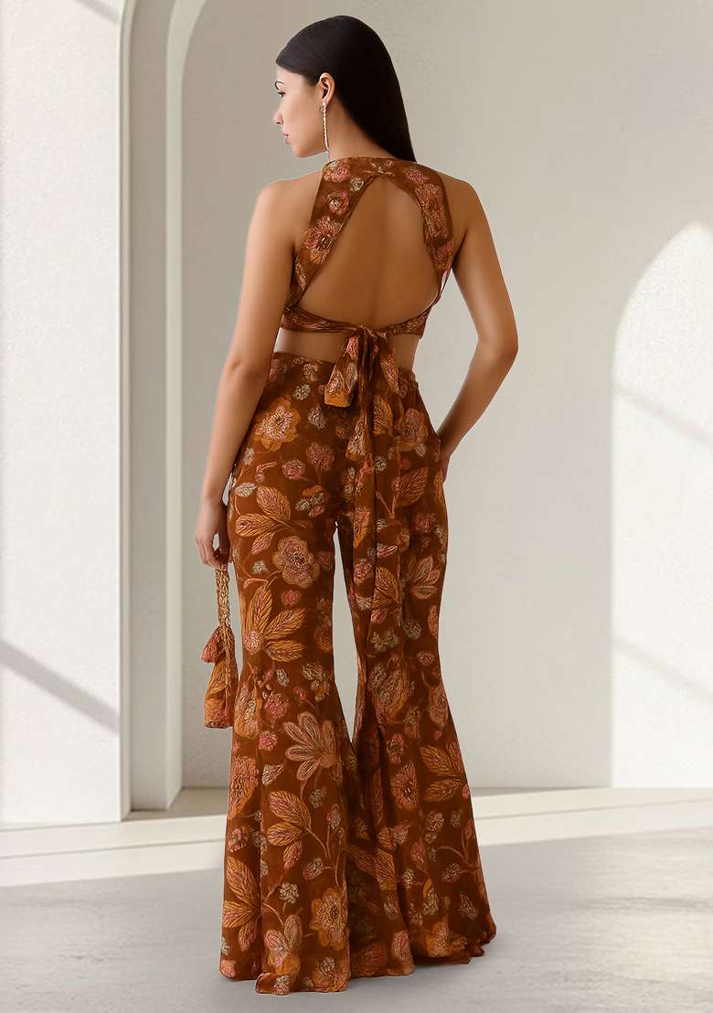 Mustard Embroidered Crepe Fusion Set - Indya