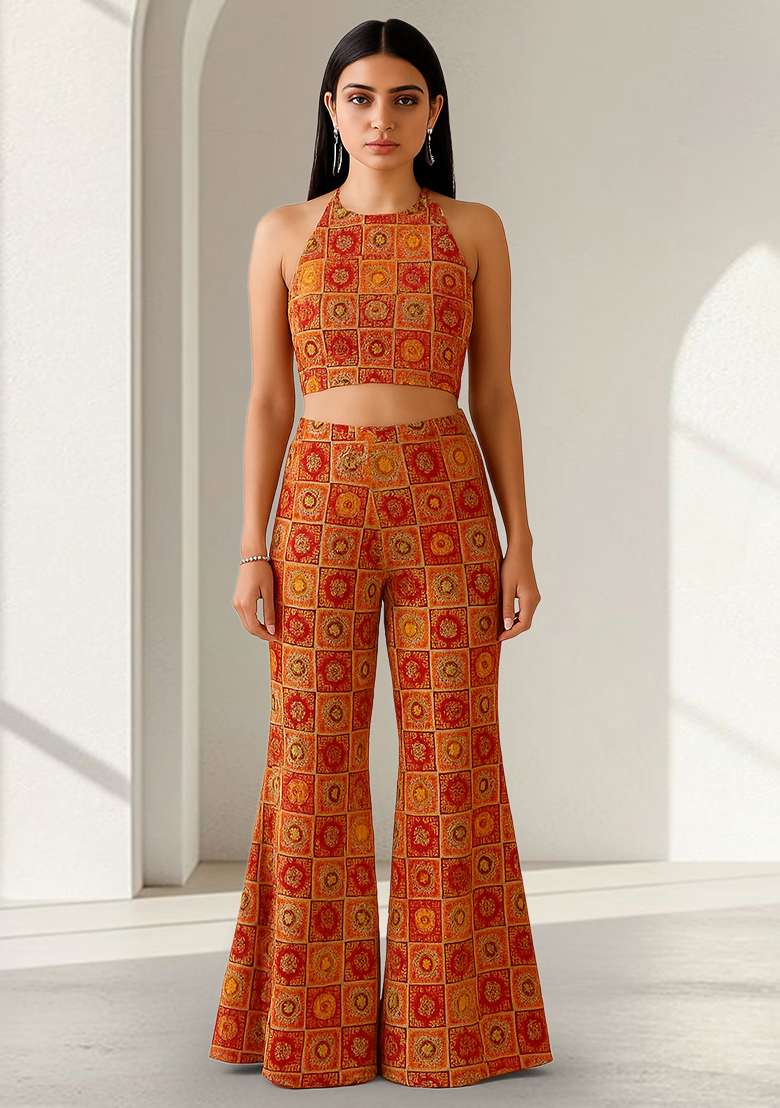 Red Figure Print Silk Fusion Set - Indya