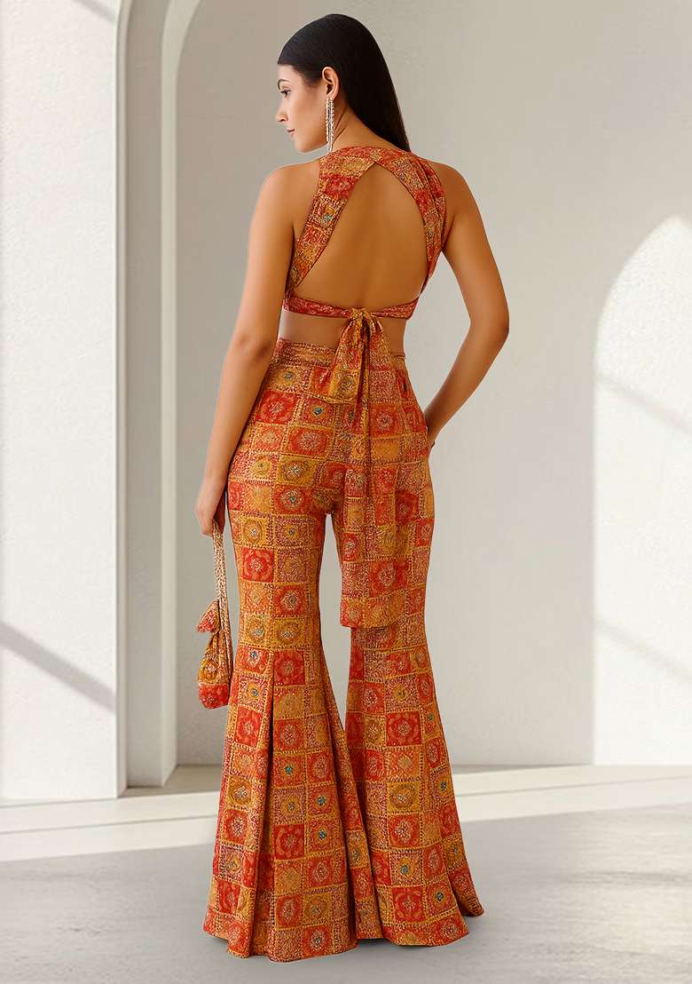 Red Figure Print Silk Fusion Set - Indya