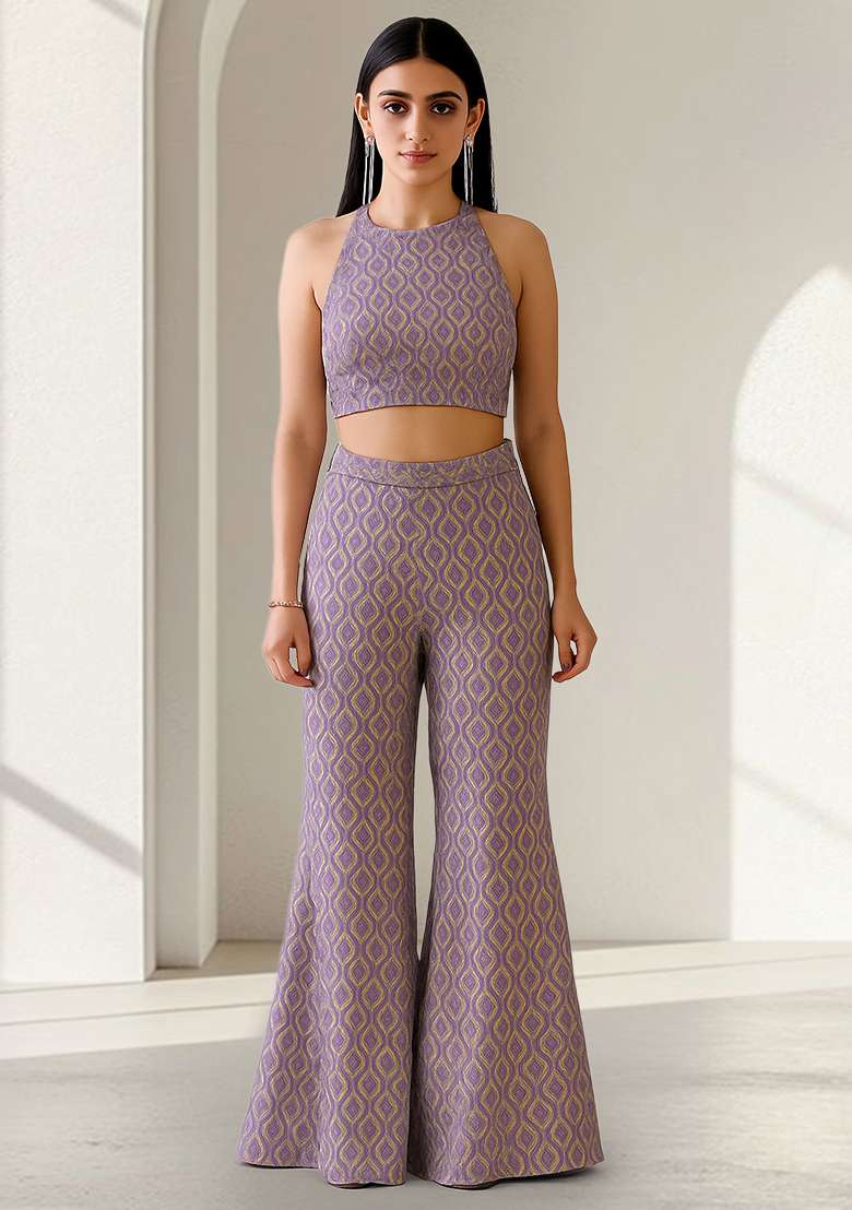 Purple Figure Print Silk Fusion Set - Indya