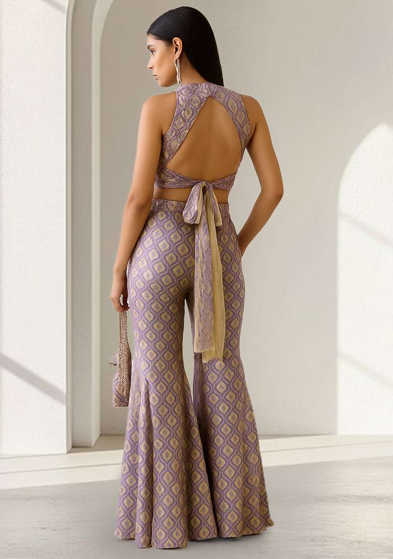Purple Figure Print Silk Fusion Set - Indya