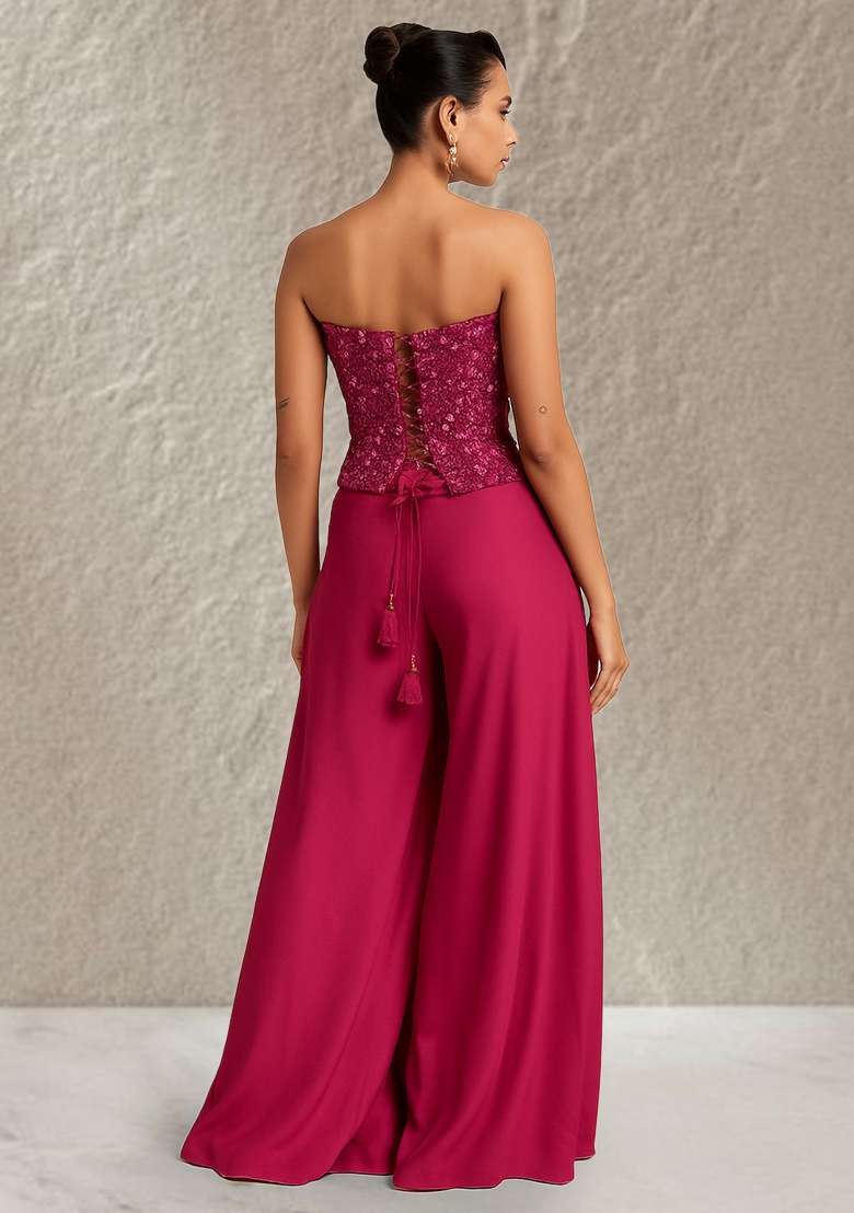 Maroon Embroidered Net Fusion Set - Indya