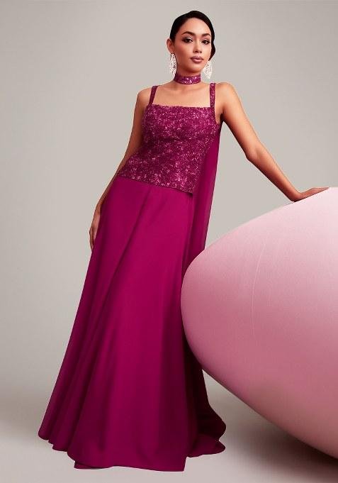 Wine Embroidered Net Fusion Set