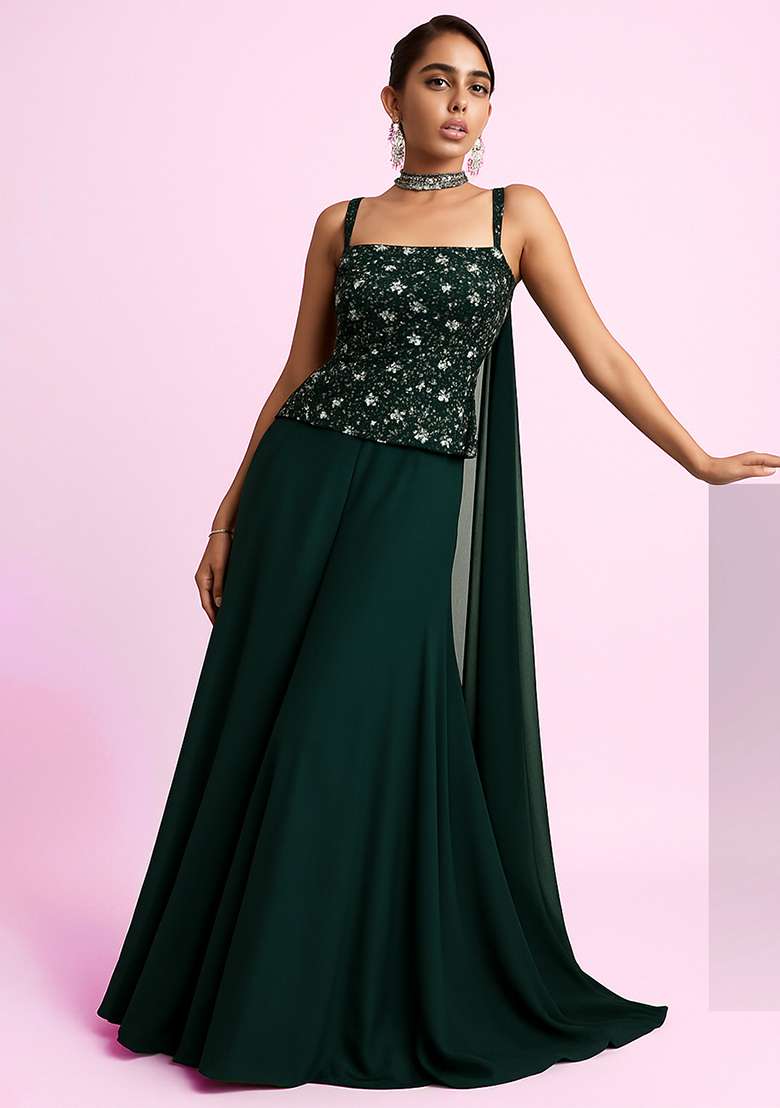 Green Embroidered Net Fusion Set for Diwali and Festive Wear - Indya