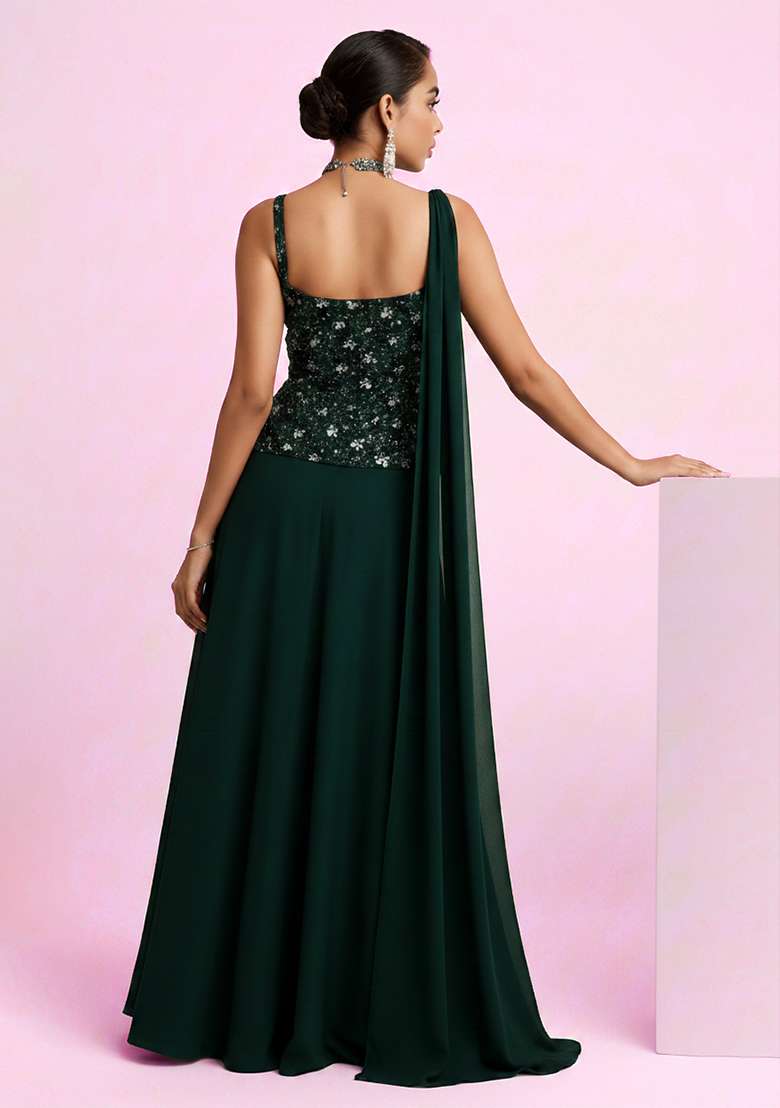 Green Embroidered Net Fusion Set for Diwali and Festive Wear - Indya